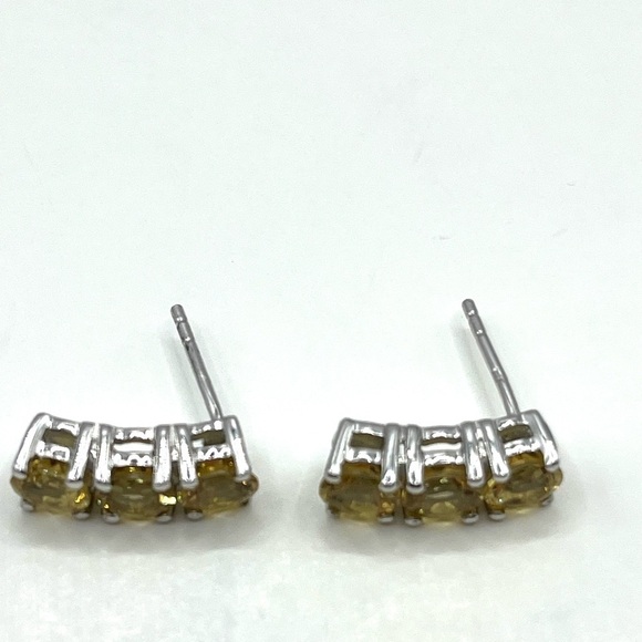 Sterling Silver 925 Yellow Gemstone Stud Earrings. 3 Gemstones Prong Set - Picture 7 of 11